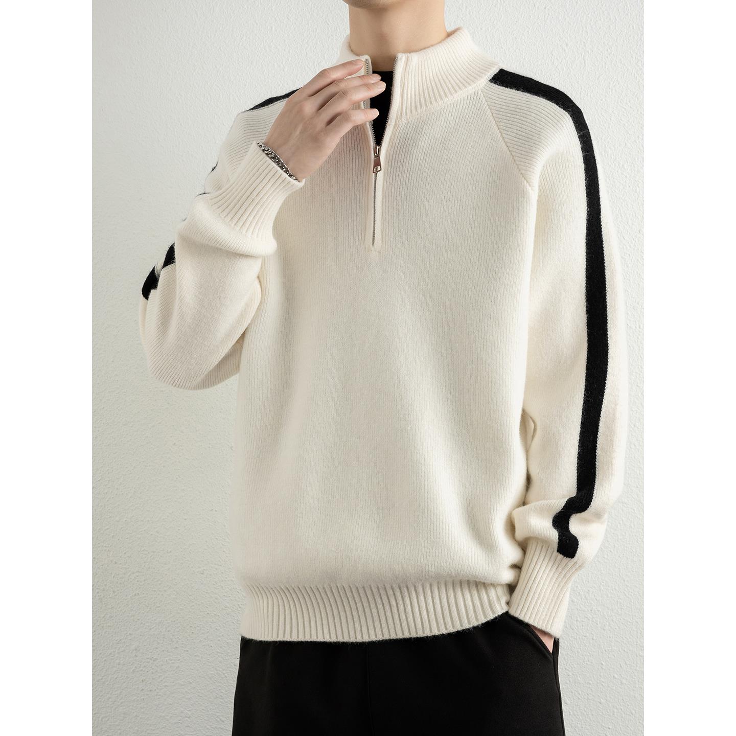 半拉炼高领针织衫男秋冬季美式慵懒风加厚毛衣高级感立领打底上衣