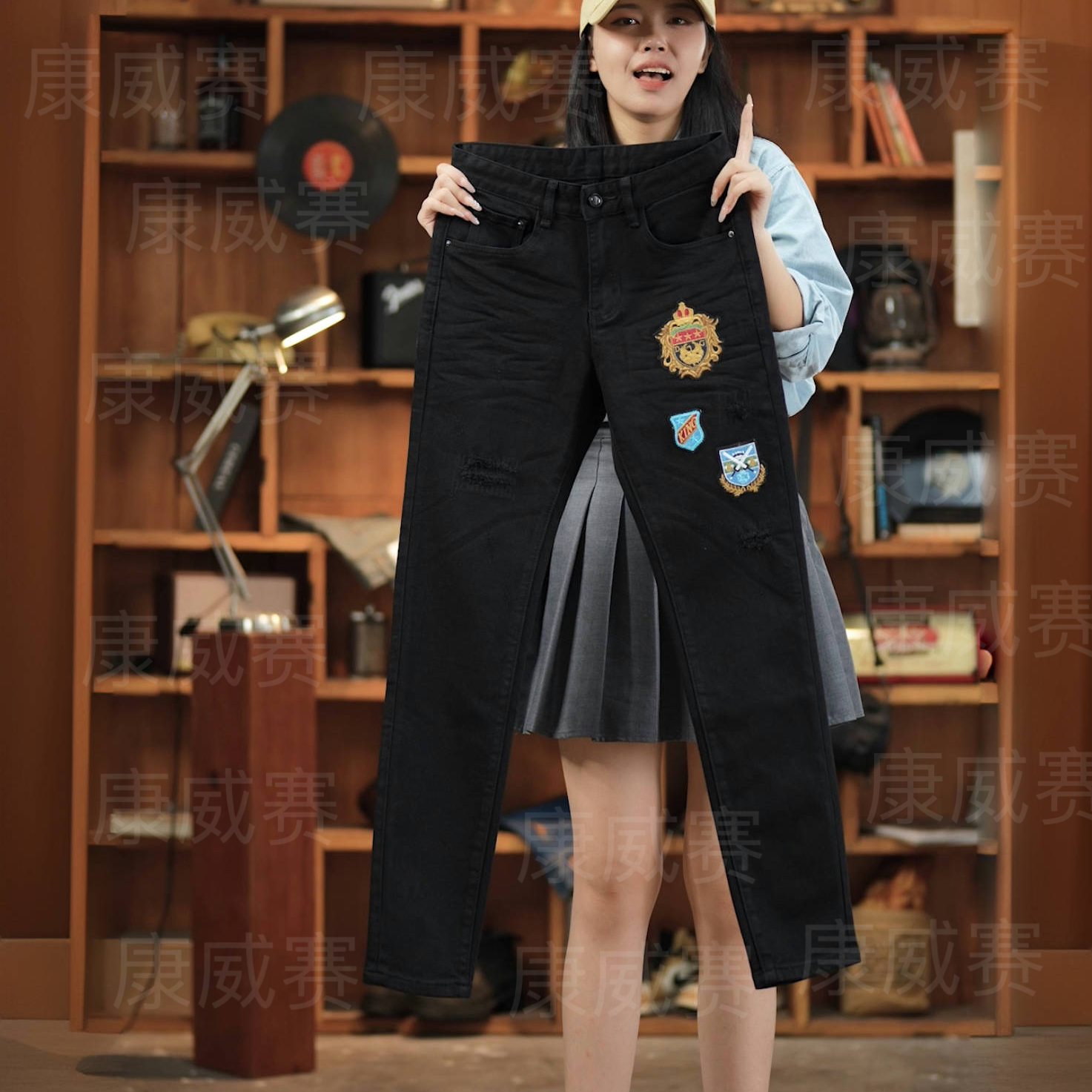 高端刺绣印花原创破洞补丁黑色男士牛仔裤个性修身弹力潮牌欧美