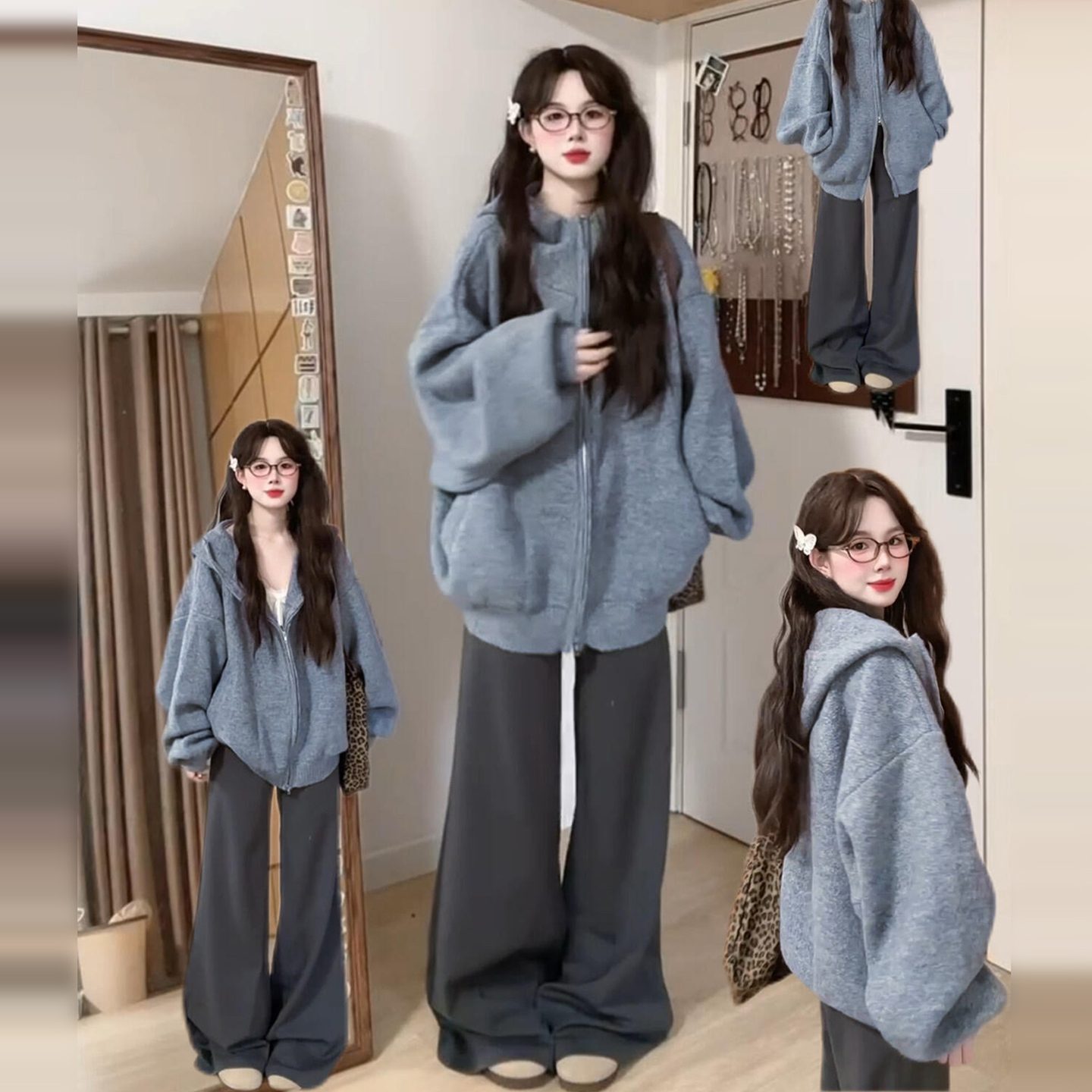 灰色小香风短款外套女秋冬季2025新爆款连帽拉链毛衣针织开衫上衣