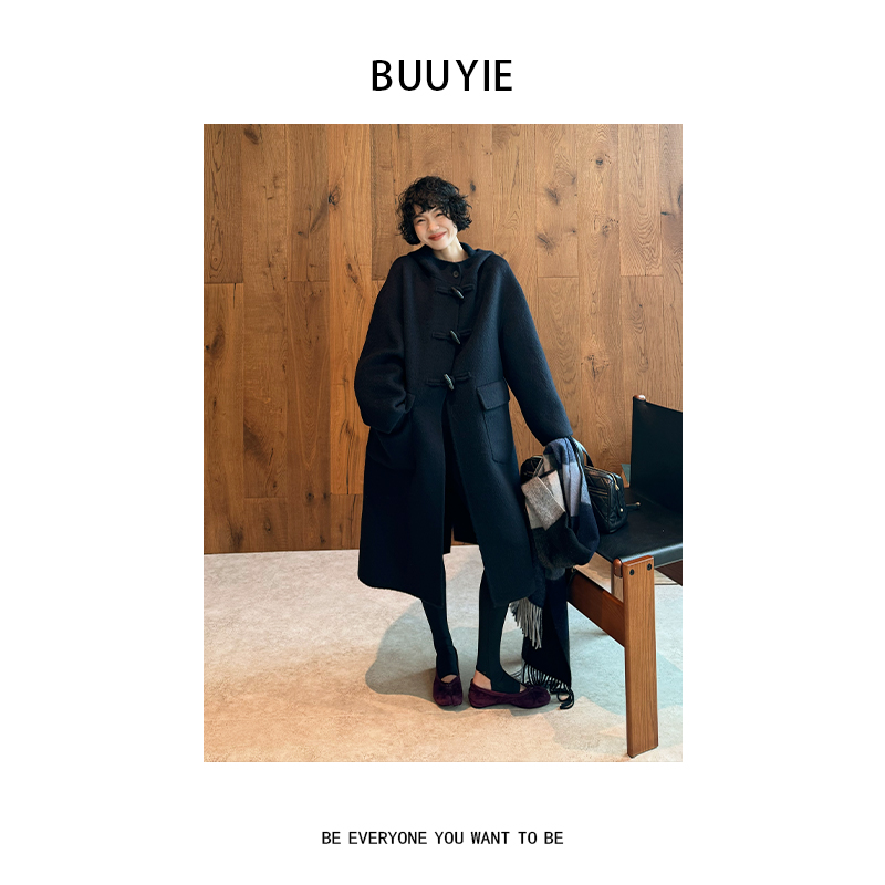 BUUYIE【砚黑】高定设计感绵羊毛羊驼毛混纺呢子大衣外套251082