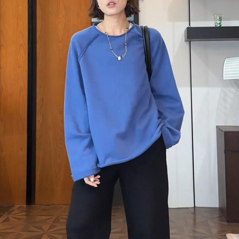 6966蓝色显白圆领休闲上衣秋季新款高级感气质宽松显瘦长袖卫衣