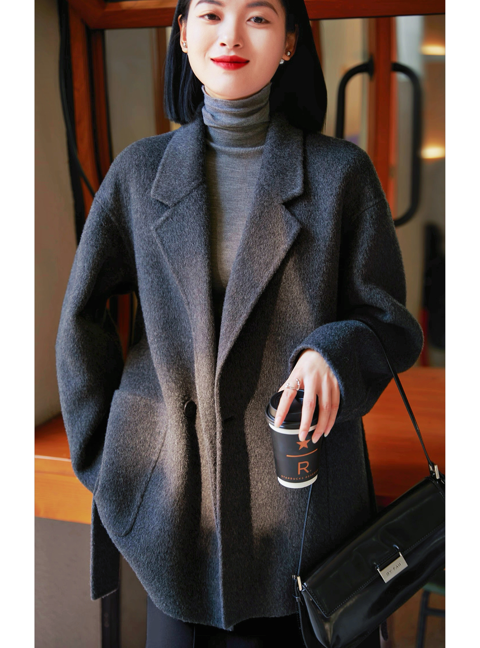 牦牛绒加厚大衣经典冬季新款高品质绵羊毛短腰带小个子双面呢外套