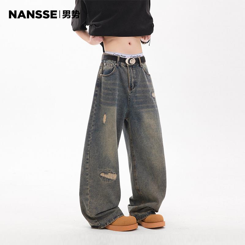 夏季新款复古破洞牛仔裤男美式潮牌宽松水洗直筒裤痞帅百搭阔腿裤