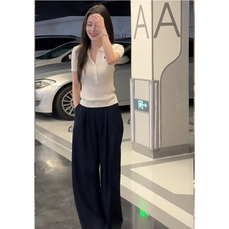 休闲通勤穿搭一整套2025夏季polo领短袖t恤直筒西装裤子两件套装