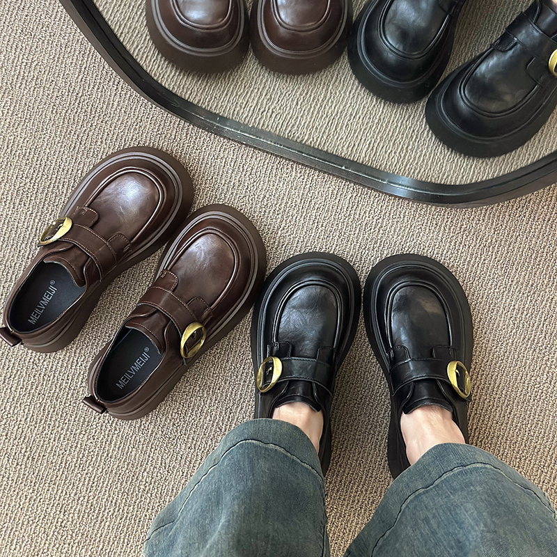 搭扣乐福鞋女单鞋学院风春季新款英伦风松糕厚底小皮鞋百搭圆头