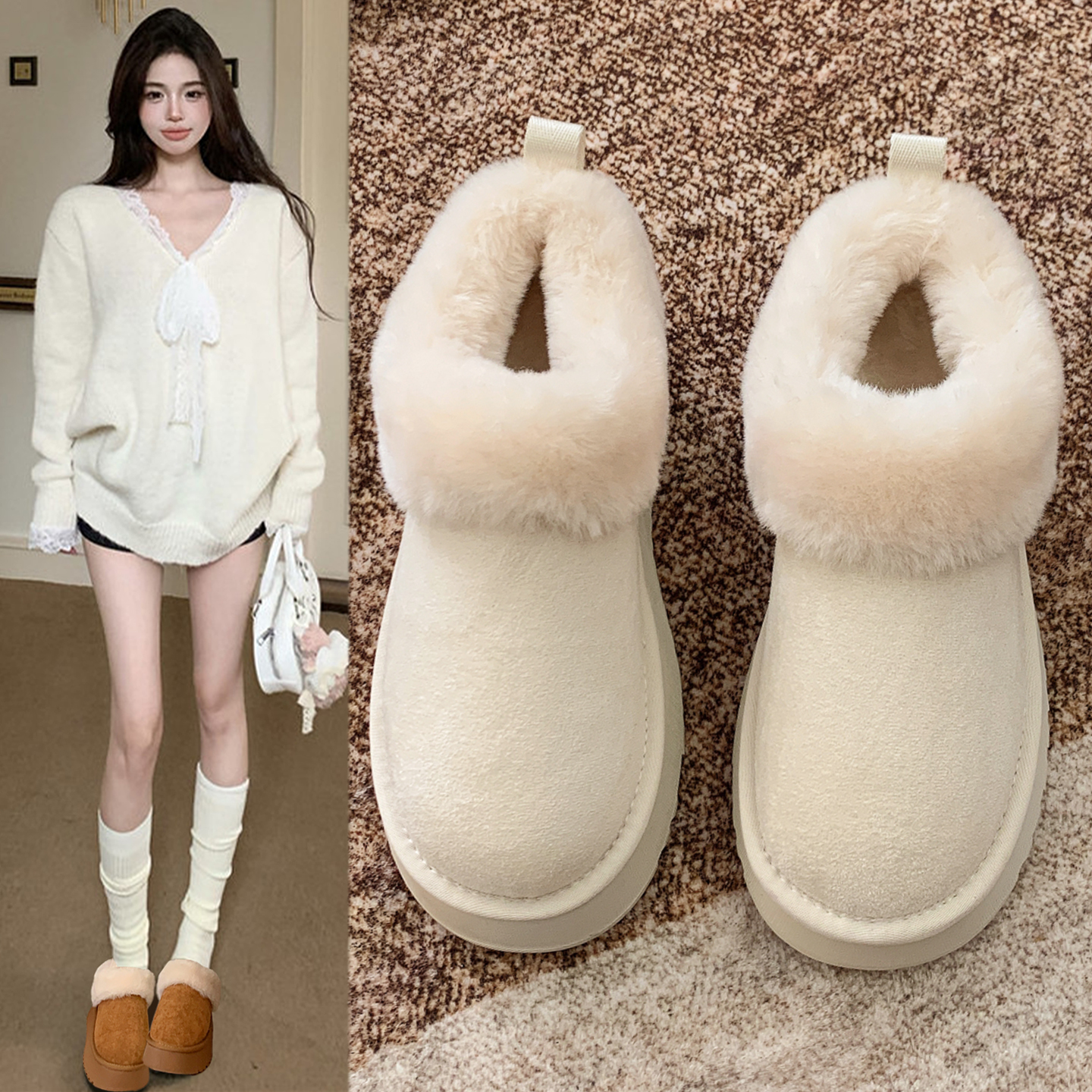 厚底加绒加厚毛毛口雪地靴女2025冬季新款低帮面包鞋东北大棉鞋子