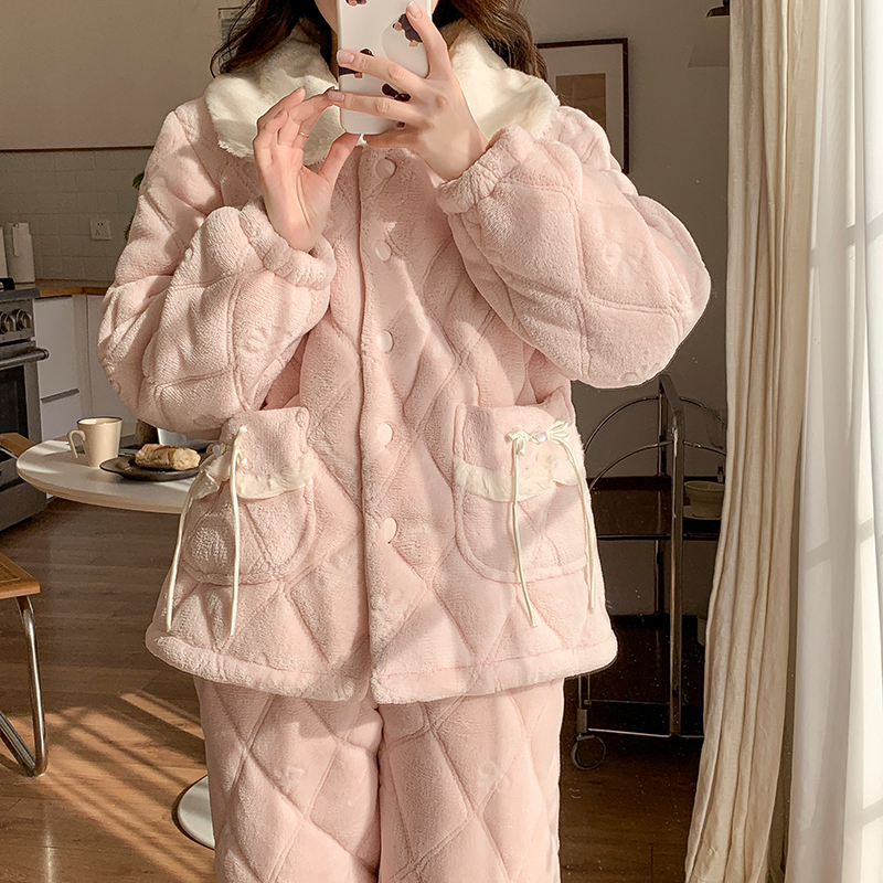 加绒加厚甜美公主风三层夹棉睡衣女冬季保暖珊瑚绒棉袄家居服套装