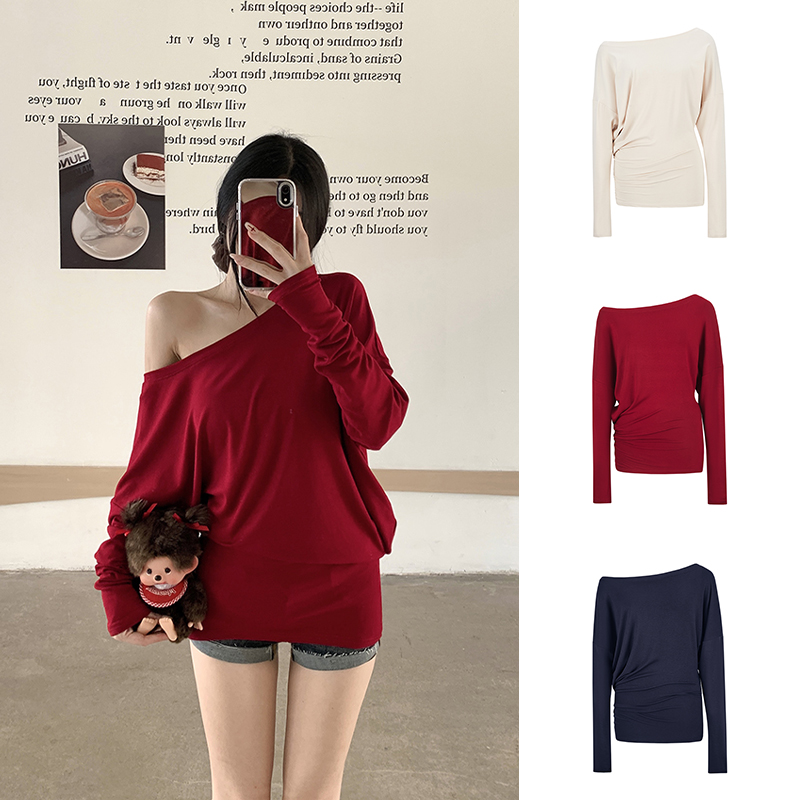 Moses Queen/魔西女王圣诞红美式复古宽松露肩长袖T恤休闲上衣