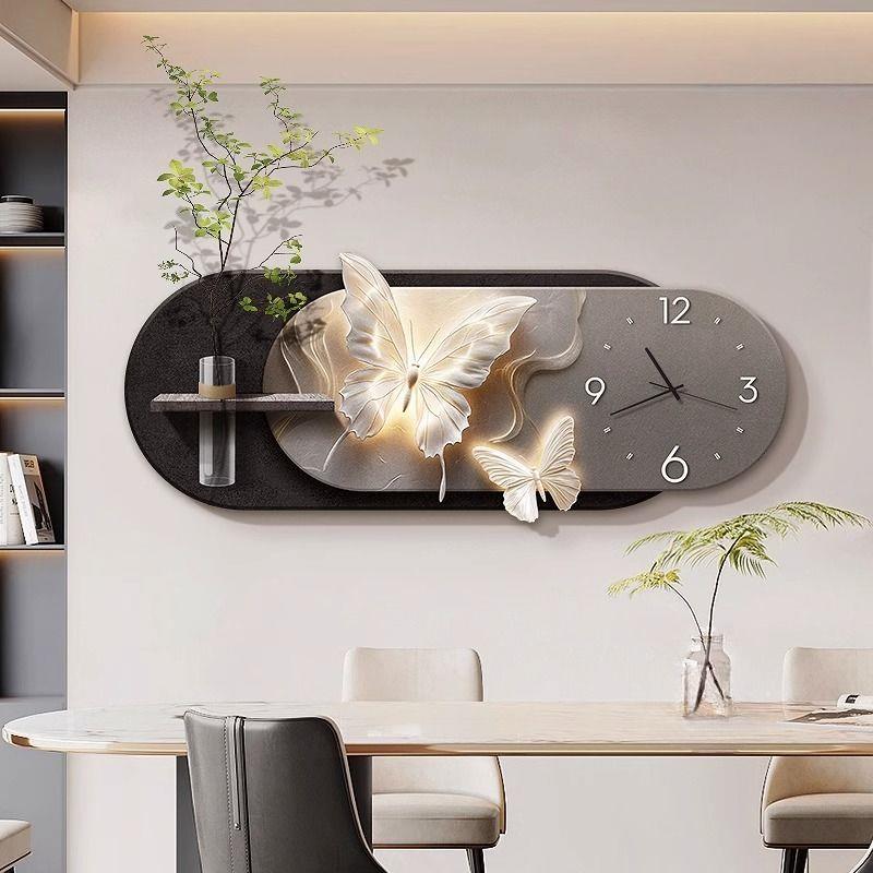 轻奢水培绿植客厅装饰画蝴蝶简约高级感壁画钟表餐厅挂钟卧室挂画