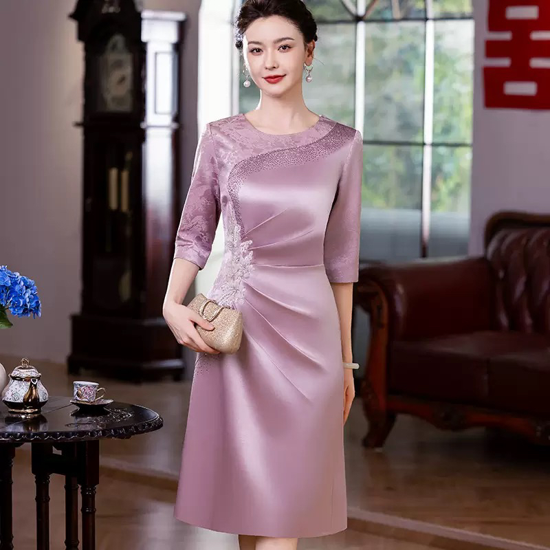 【香芋紫+酒红】小个子妈妈礼服裙国风三醋酸不开叉喜婆婆婚宴敬酒Y