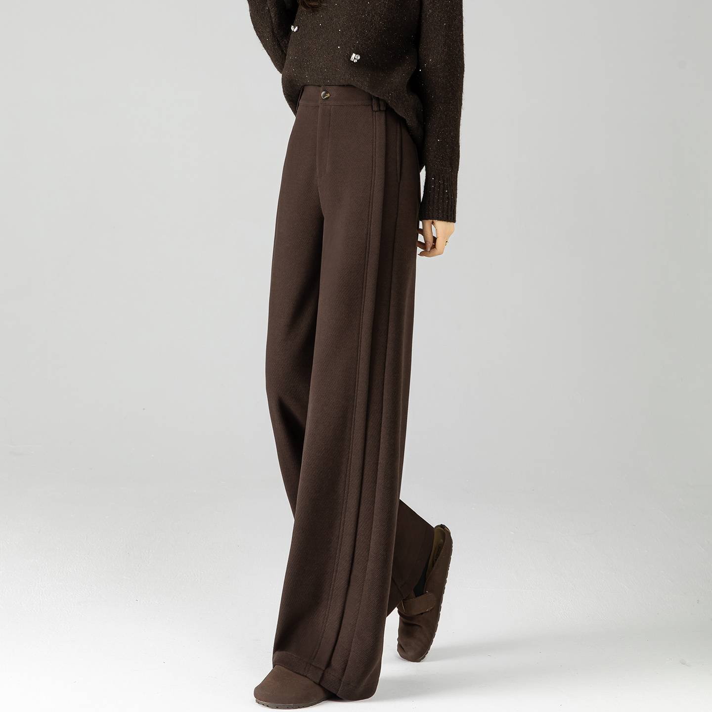 毛呢阔腿裤女2025新款流行高腰深焙棕加厚冬天裤子宽松休闲直筒裤