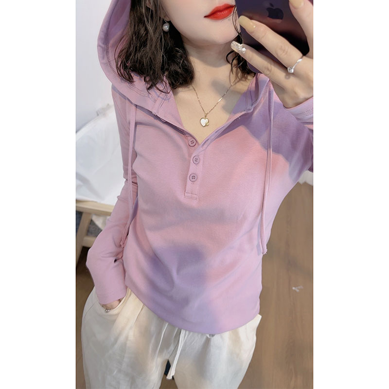 春秋2025新款半开领连帽长袖T恤女文艺范休闲宽松显瘦打底衫上衣