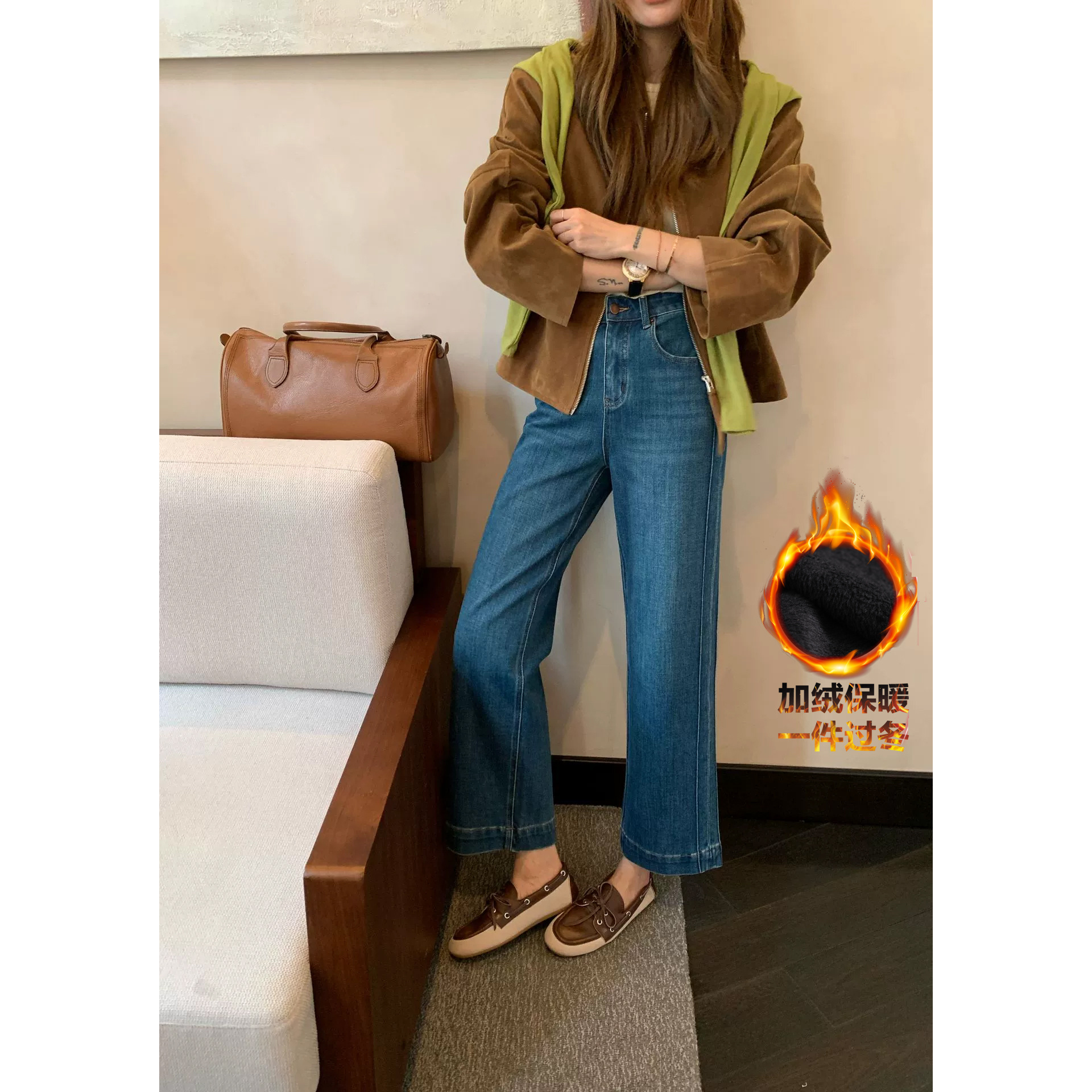 双经线巨遮胯窄版直筒裤女加绒加厚立体剪裁小个子九分直筒牛仔裤