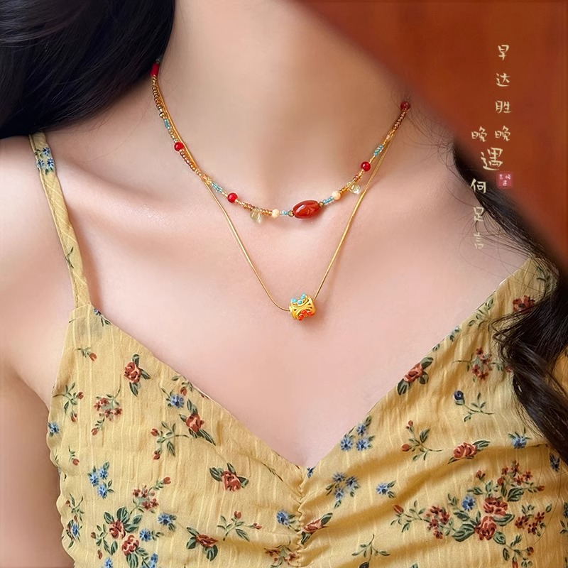 铜合金项链 新中式多巴胺彩色串珠双层项链女款民族风气质锁骨链