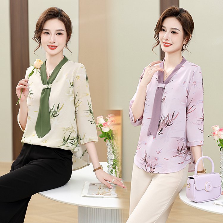 妈妈夏季雪纺衬衫夏装短袖气质薄款上衣洋气中老年妈妈显瘦衬衣