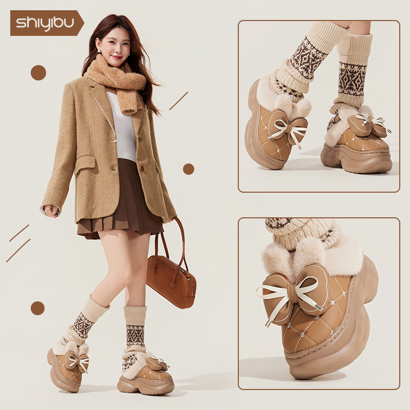 防水PU皮棉拖鞋厚底增高蝴蝶结女士棉拖鞋冬季加绒保暖毛绒棉鞋