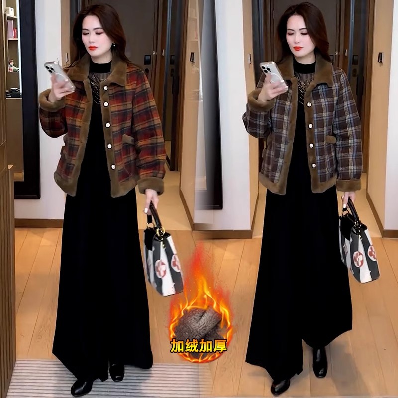 加绒加厚格子毛呢外套女2024冬季新款时尚洋气百搭保暖呢子大衣超