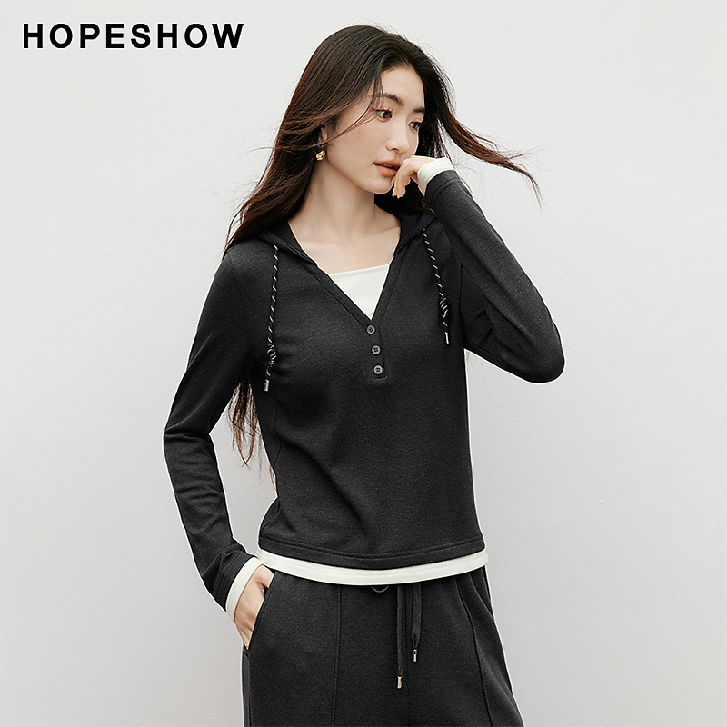 红袖2025秋女装 假两件撞色拼接抽绳正肩连帽短上衣90125310205