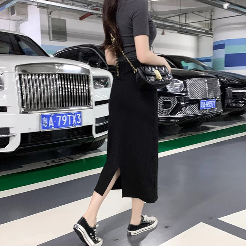 夏天新款开叉纯色气质高腰OL半身裙女显瘦黑色时尚休闲长裙A字裙