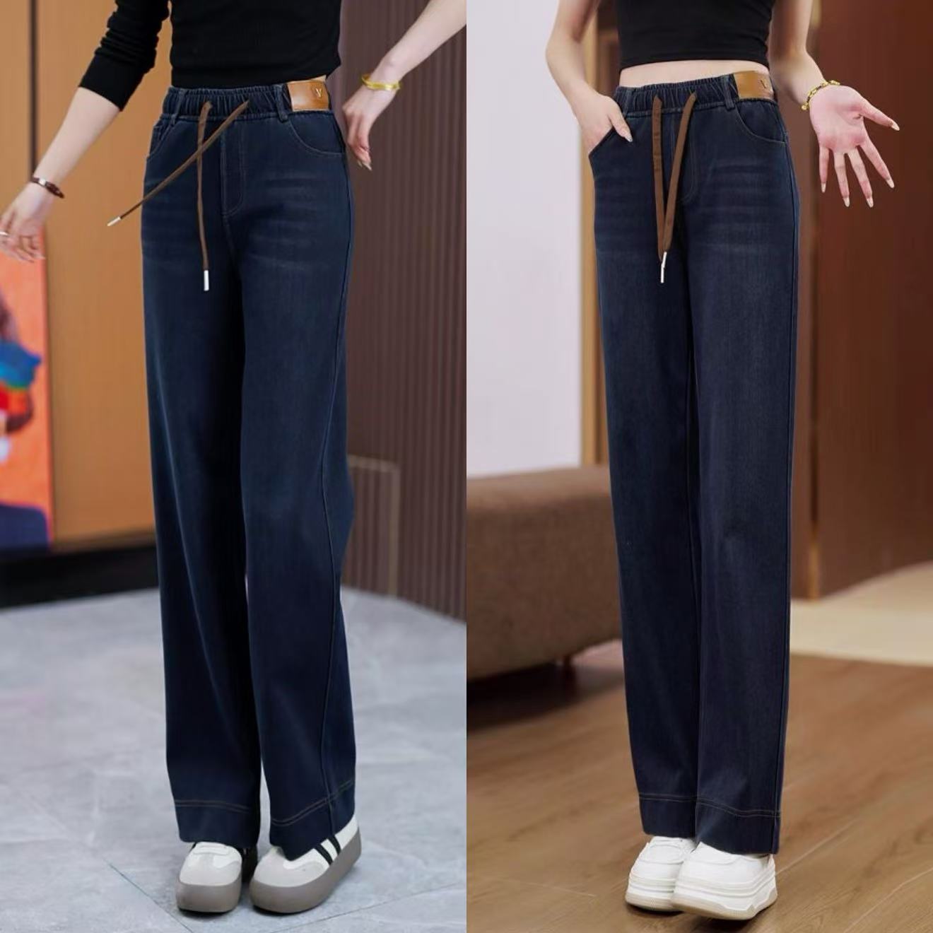 大码加绒加厚牛仔裤2025秋冬新款高腰深档直筒裤洋气弹力阔腿裤