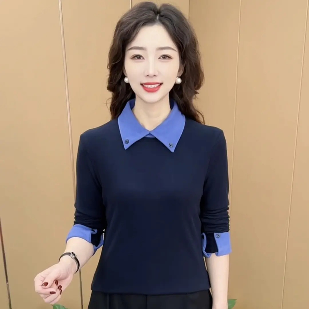 秋冬新款时尚翻领拼色双面绒保暖打底衫休闲气质百搭妈妈装K5697