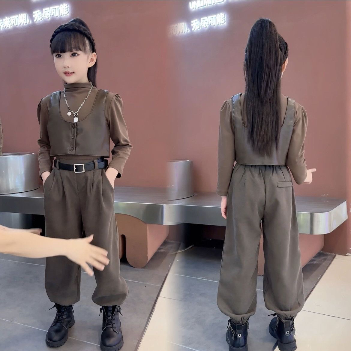 女童春秋套装2025新款儿童网红洋气时髦中大童皮马甲哈伦裤三件套