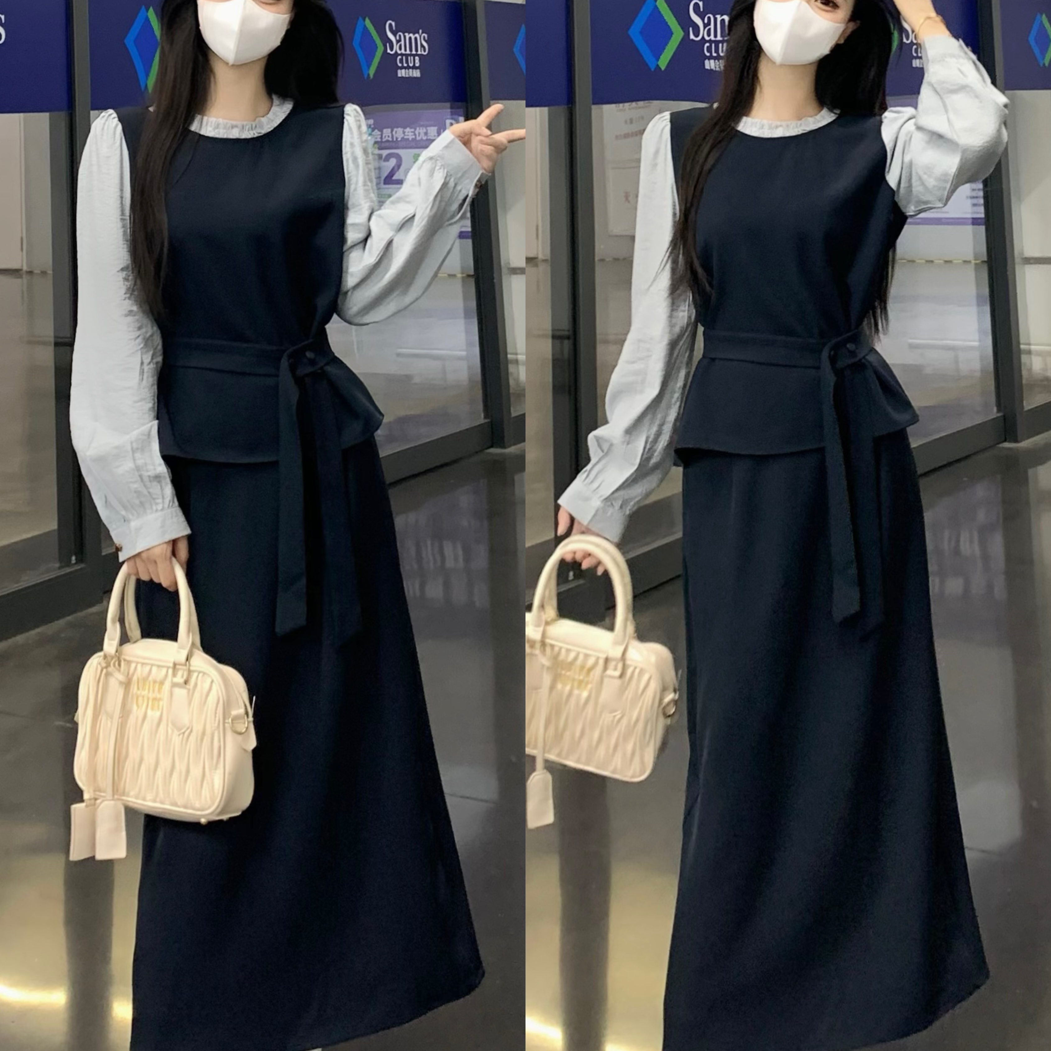 大码胖mm秋季新款气质A字半身裙圆领套头长袖假两件上衣两件套女