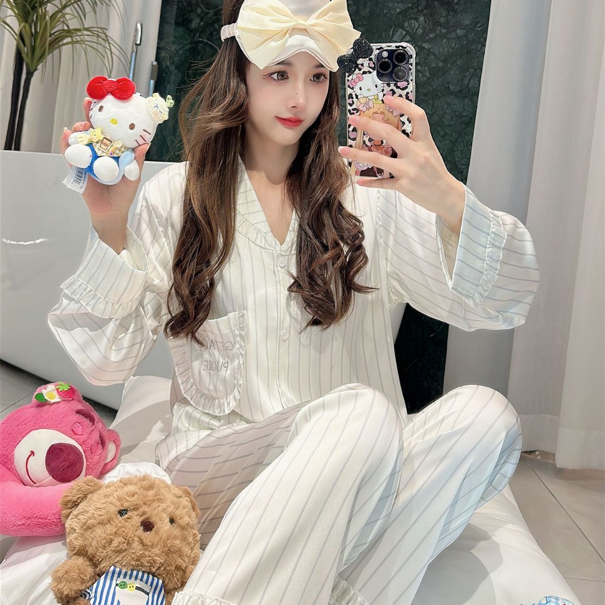 甜美少女感简约高级感冰丝睡衣女春秋长袖长裤薄款网红爆款家居服