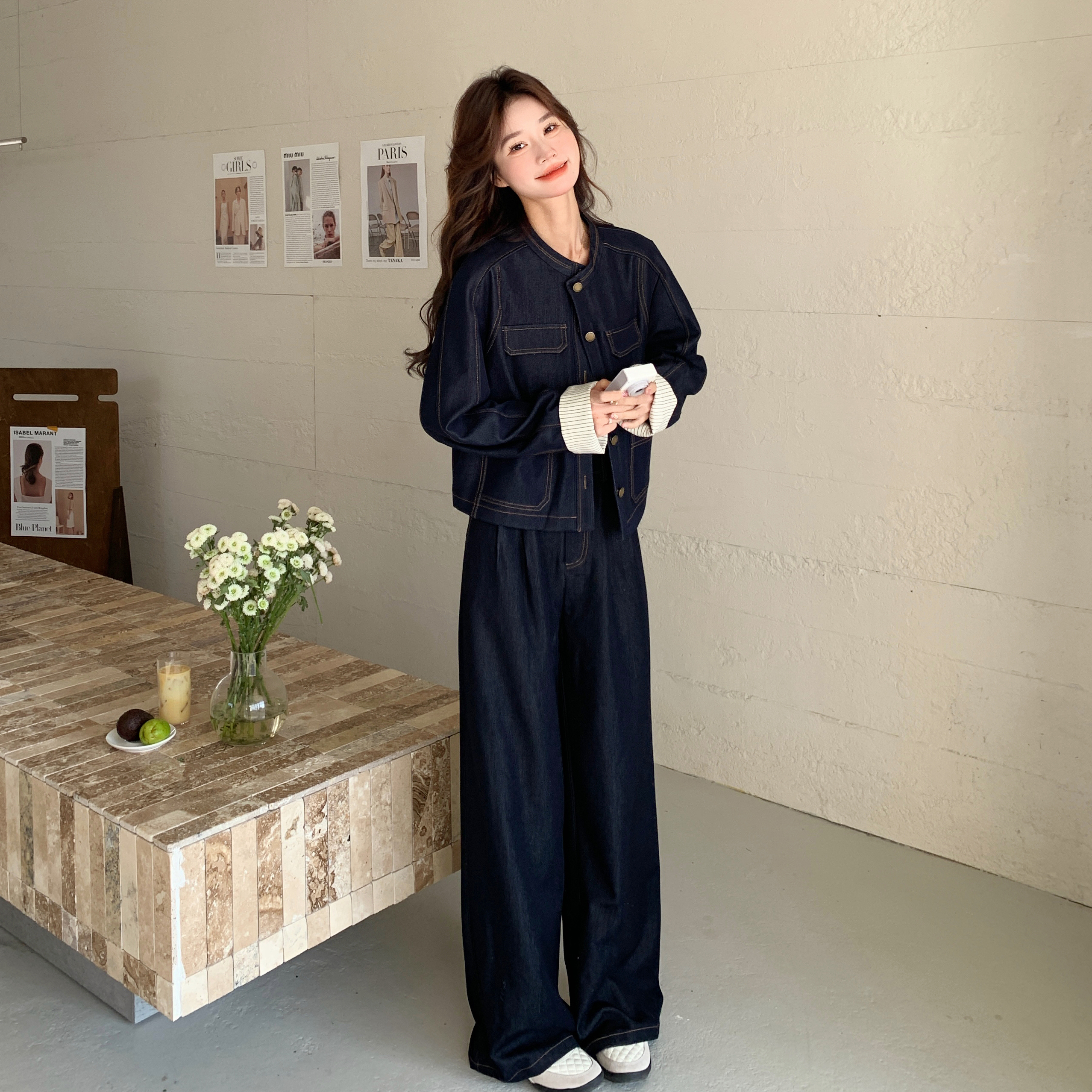 老钱风牛仔套装裤女2025春秋流行超火盐系穿搭上衣外套阔腿两件套