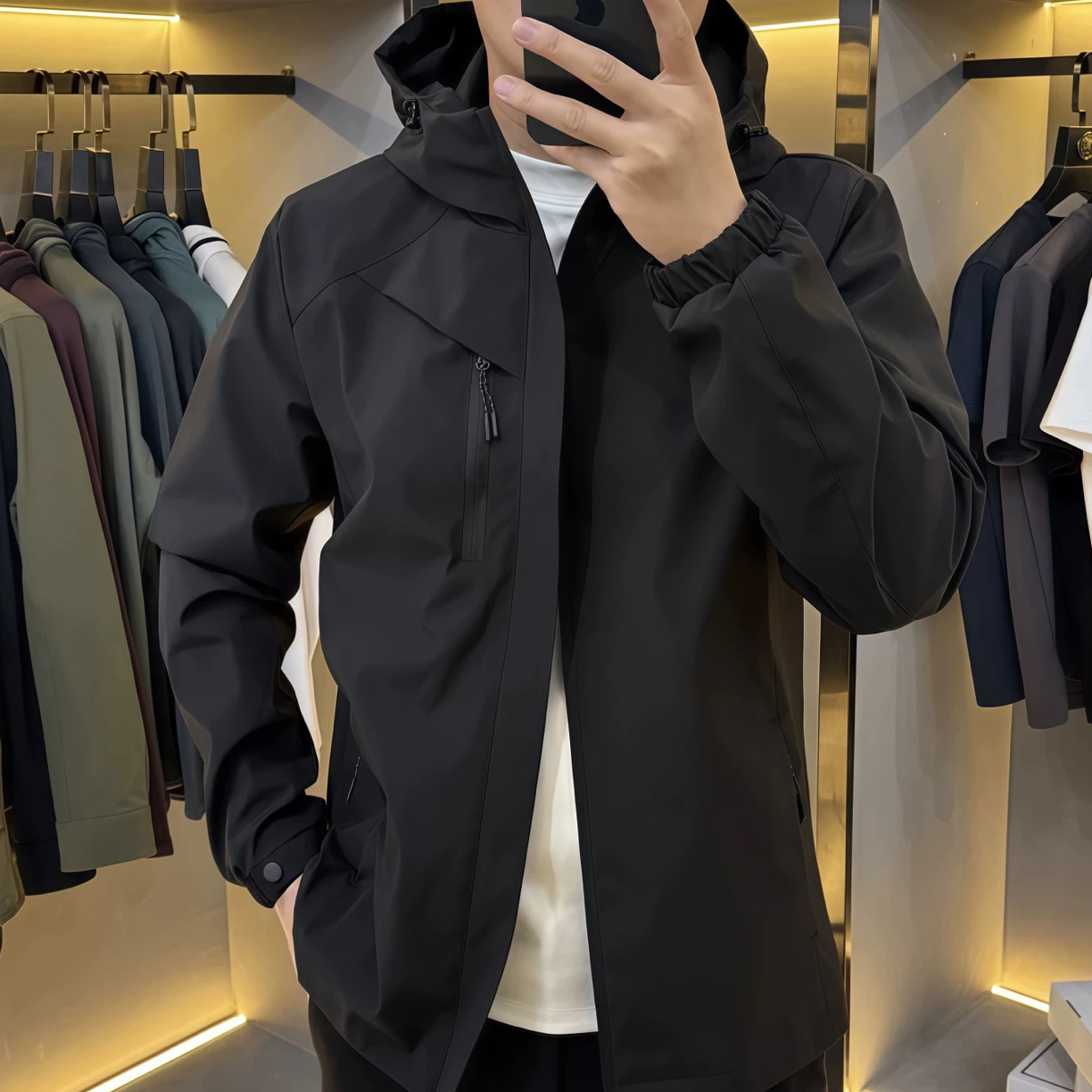 秋冬加棉加厚冲锋衣男士户外运动百搭连帽外套拉链款商务休闲夹克