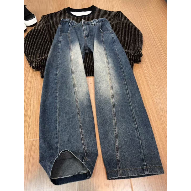 美式复古蓝斜切弯刀牛仔裤男款秋冬加绒高级感直筒工装宽松阔腿裤