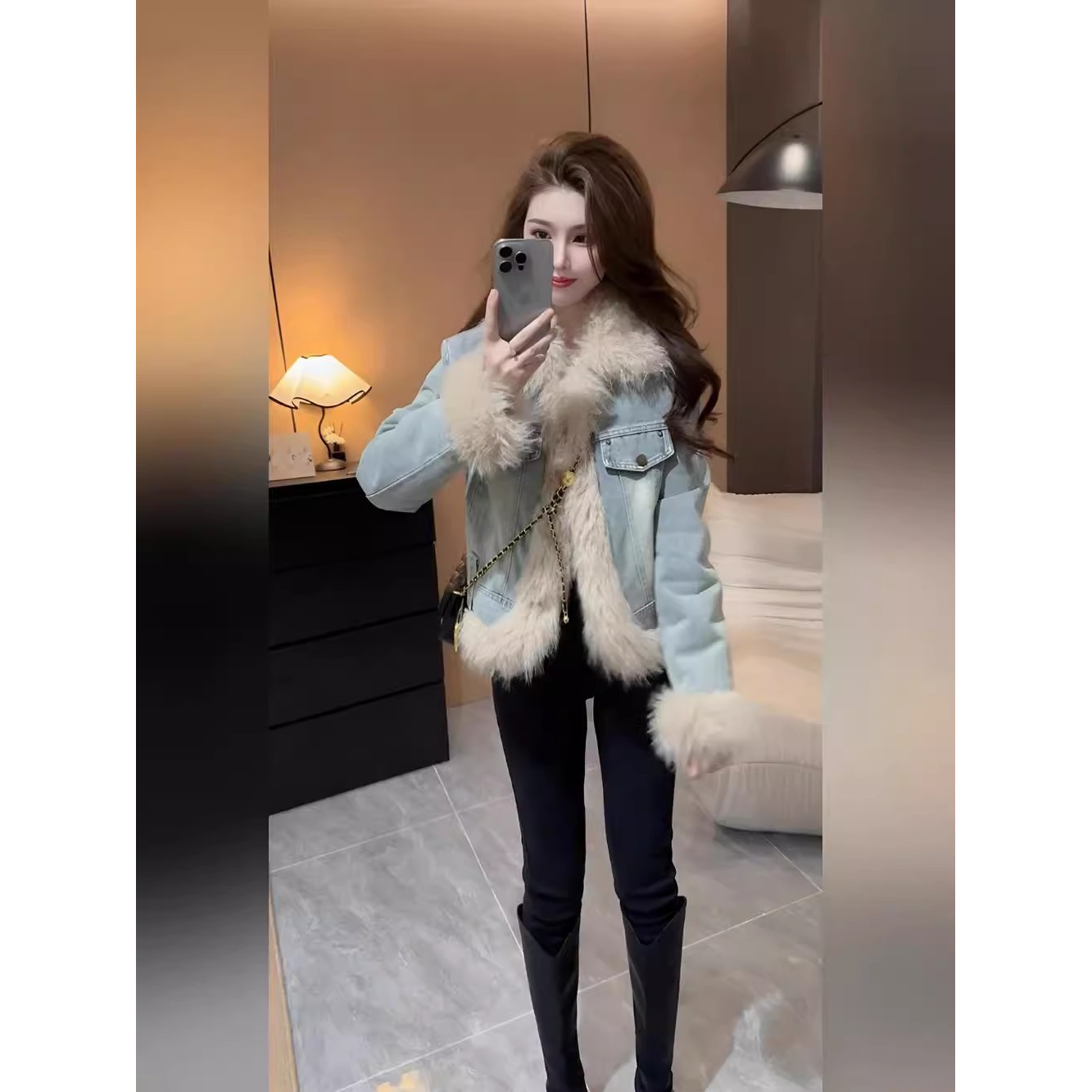 美式冬季新款牛仔派克服女毛绒一体拼接加厚夹棉复古短款牛仔外套