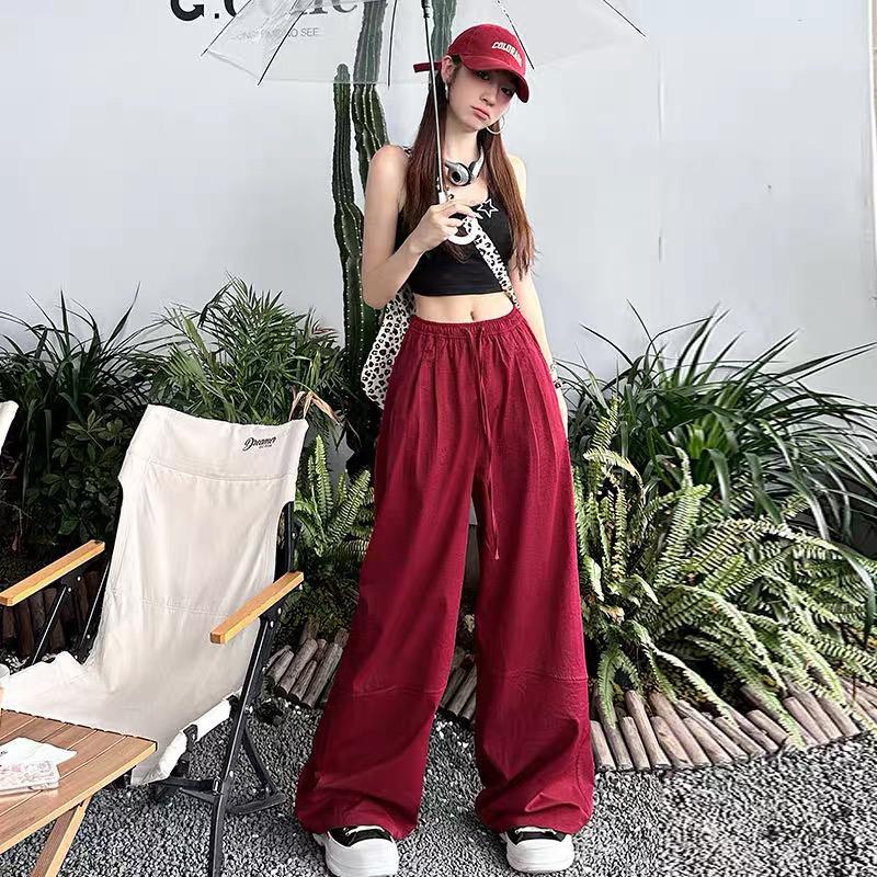 新款松紧抽绳阔腿拼接直筒纯色简约百搭遛弯长裤阔腿宽休闲夏季