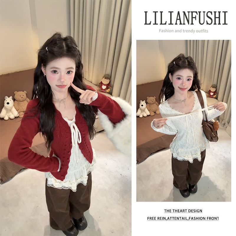 秋冬穿搭2026新款红色针织开衫花边长袖打底衫显瘦阔腿裤三件套女