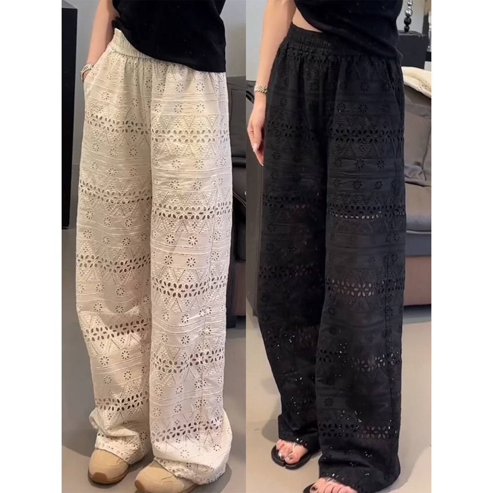 大码夏季薄款高腰蕾丝镂空拖地阔腿裤女胖mm宽松显瘦休闲直筒裤子