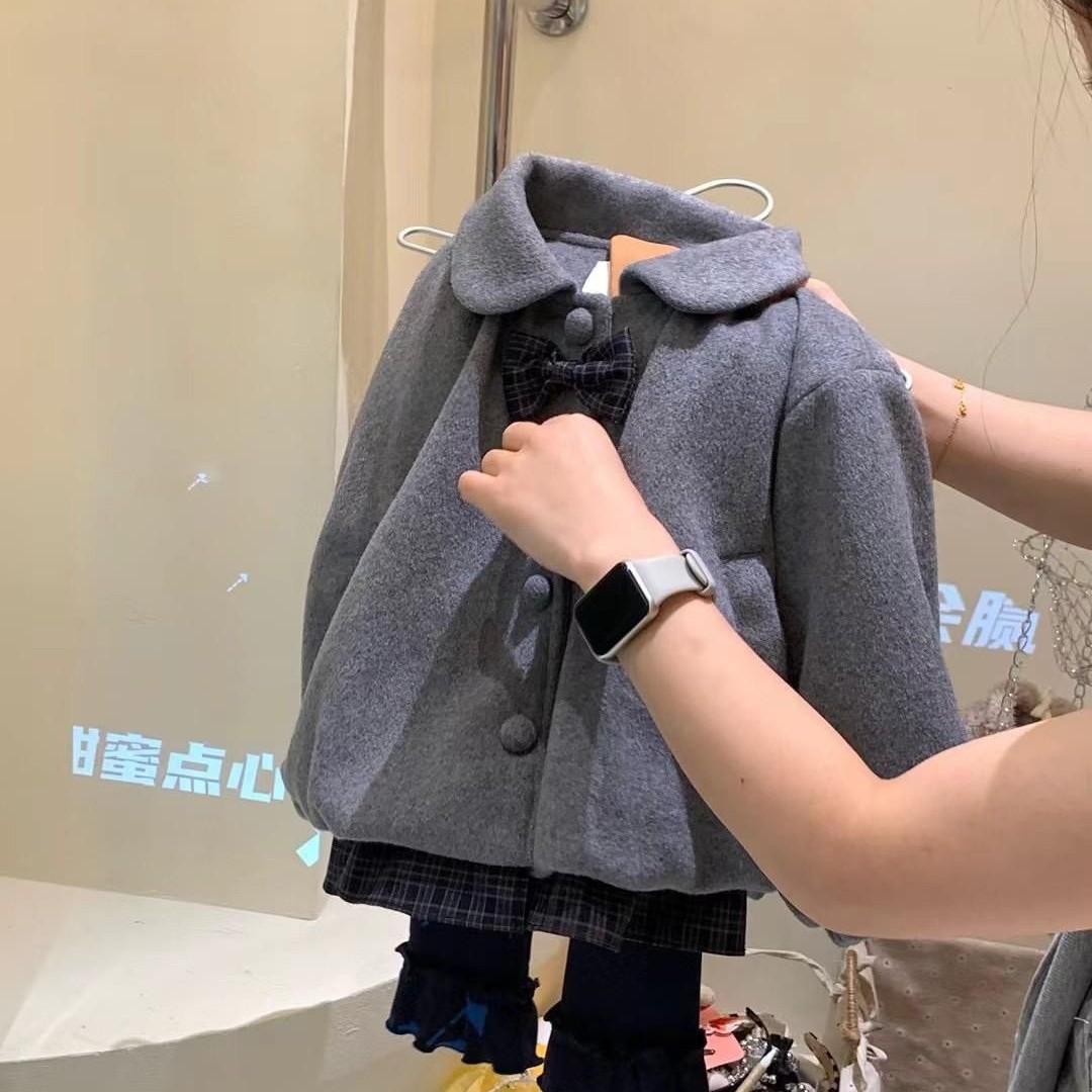 儿童外套冬季韩版毛呢时尚百搭女童加厚秋冬呢大衣呢子灰色上衣
