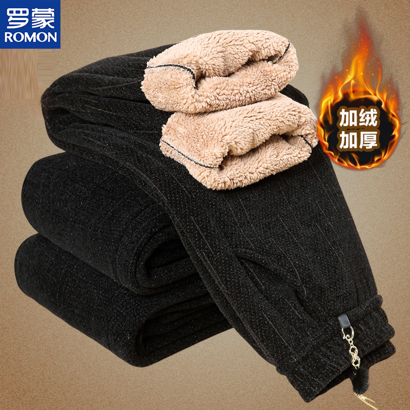 罗蒙妈妈冬季休闲直筒长裤中老年人女加绒加厚保暖棉裤子2025新款