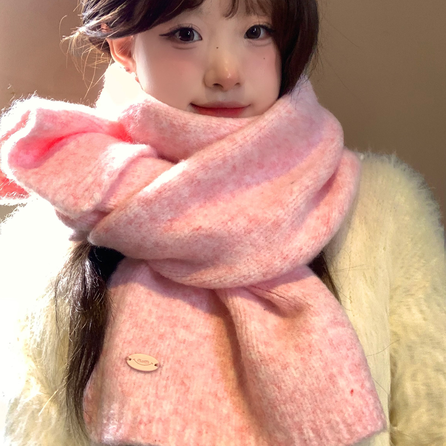 韩系氛围感粉色含羊毛针织围巾女秋冬季软糯学生加厚保暖防寒围脖