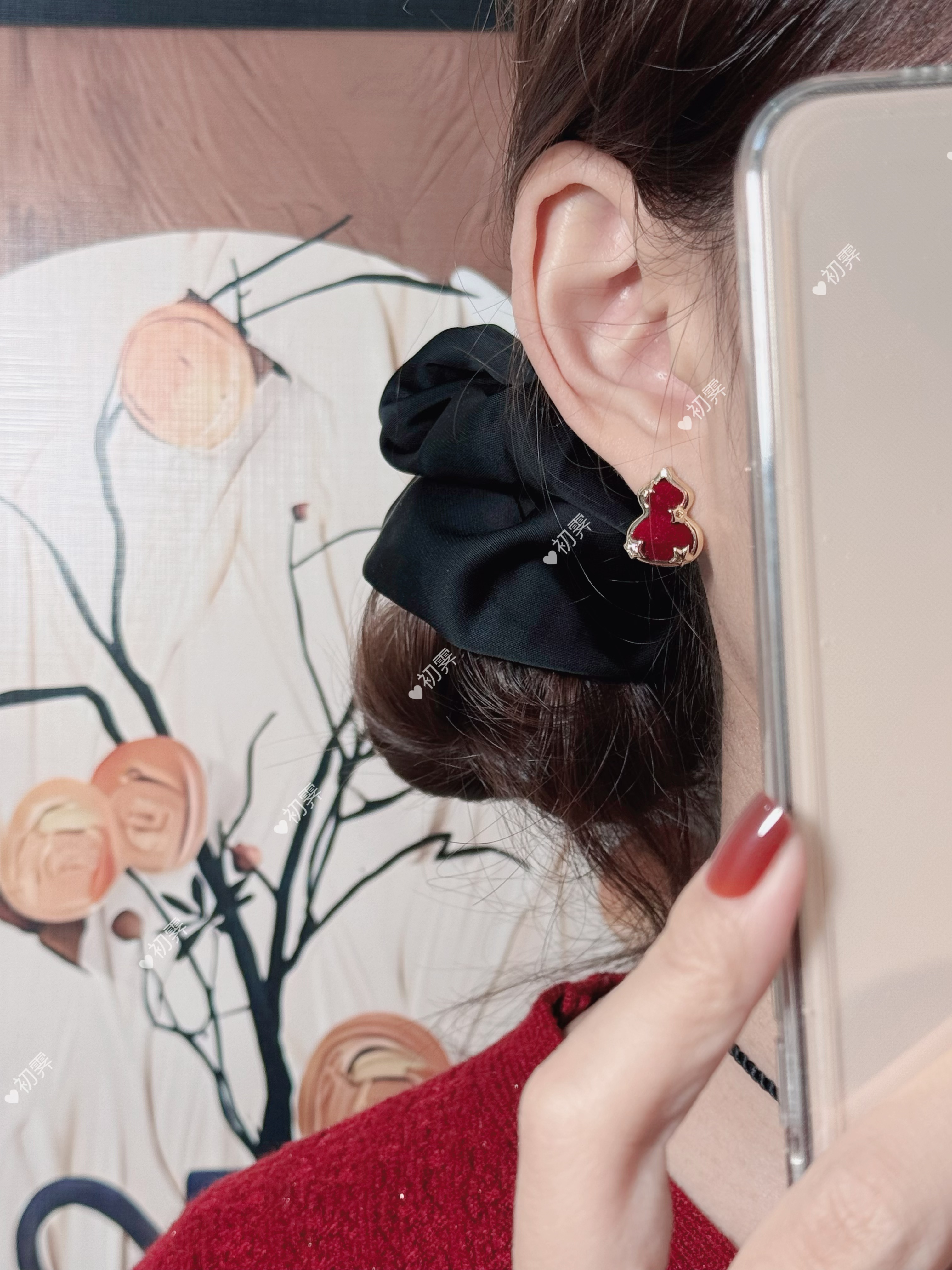 铜合金铜耳饰 初霁007新中式国风红色丝绒葫芦轻奢复古耳钉