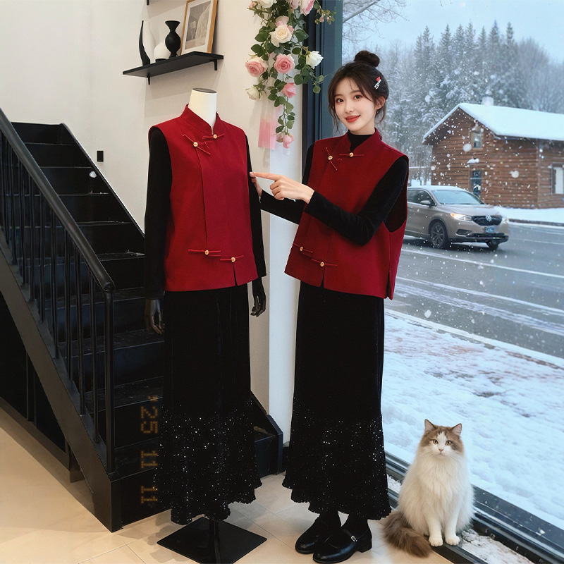 冬季搭配一整套大码胖mm红色马甲半身裙新中式独特漂亮三件套装女