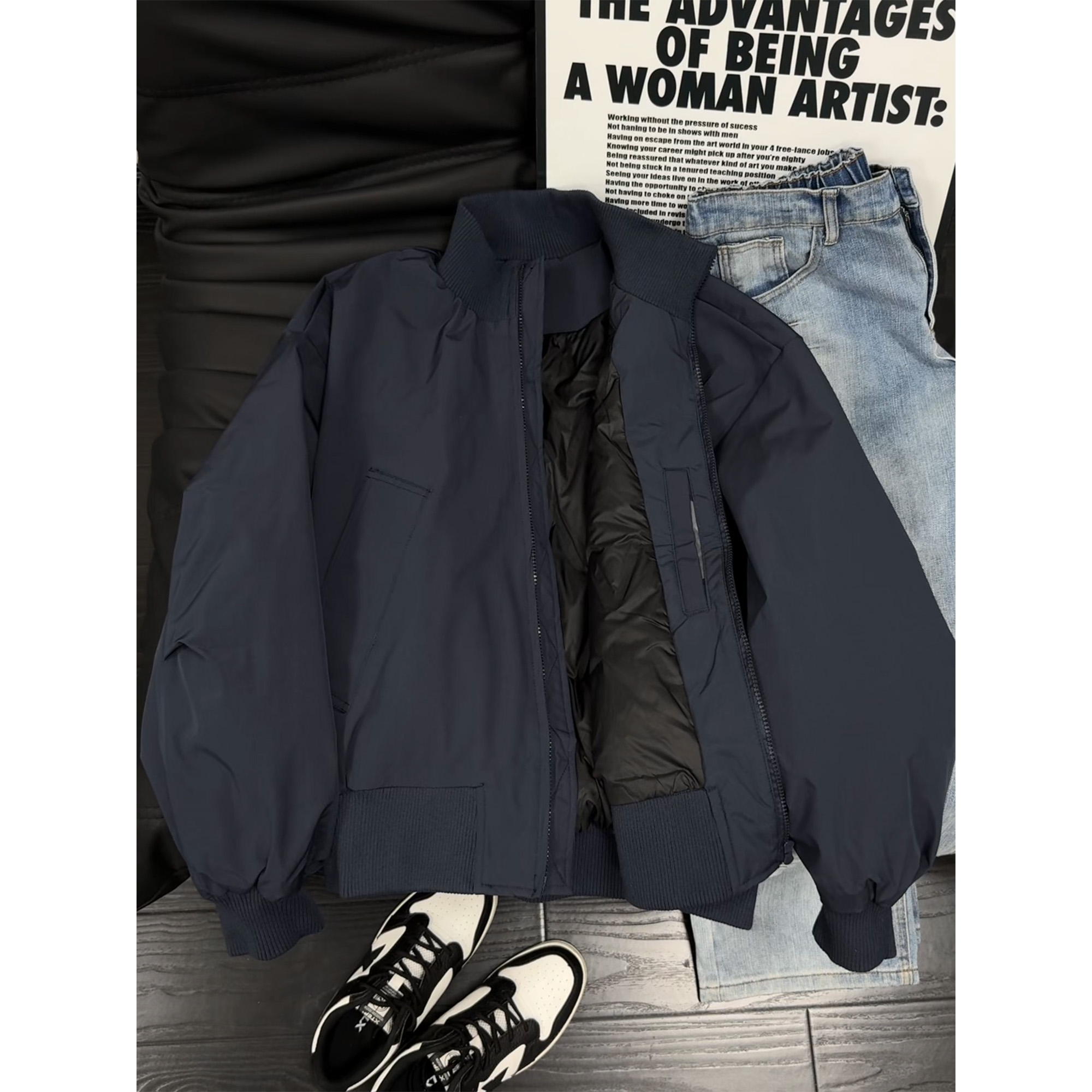 藏青色美式短款飞行夹克羽绒服男款冬季加厚保暖轻薄立领棉服外套