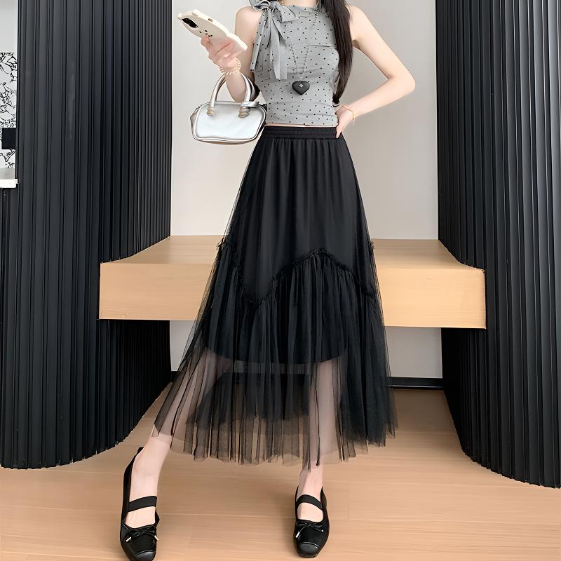 夏季韩版时尚不规则百搭超仙高腰显瘦气质中长款网纱A字裙半身裙