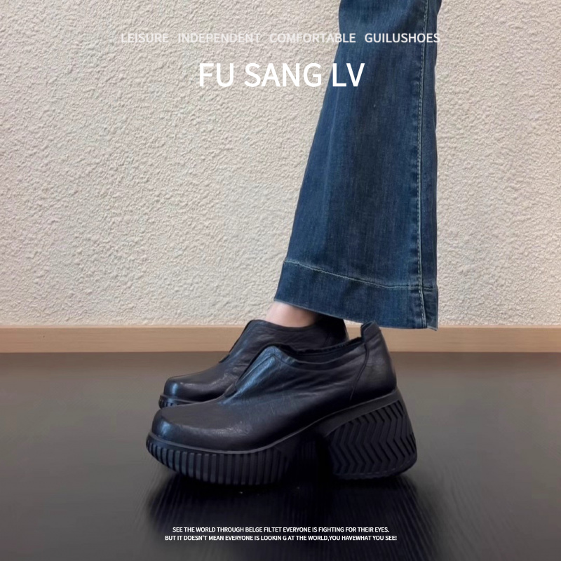 羊皮版~2025年新款复古风圆头秋粗跟厚底增高显瘦乐福鞋女款单鞋