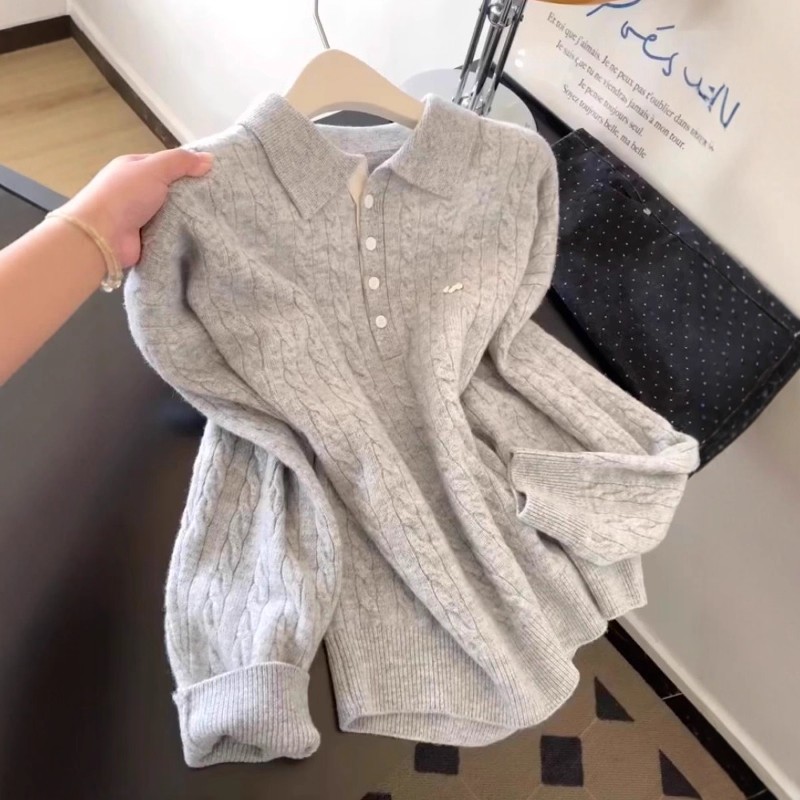 韩系气质翻领麻花针织衫女秋冬新款胖MM大码女装软糯内搭打底上衣