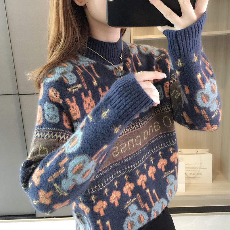 3329洋气半高领加厚刺绣钩花显瘦打底上衣内搭毛衣