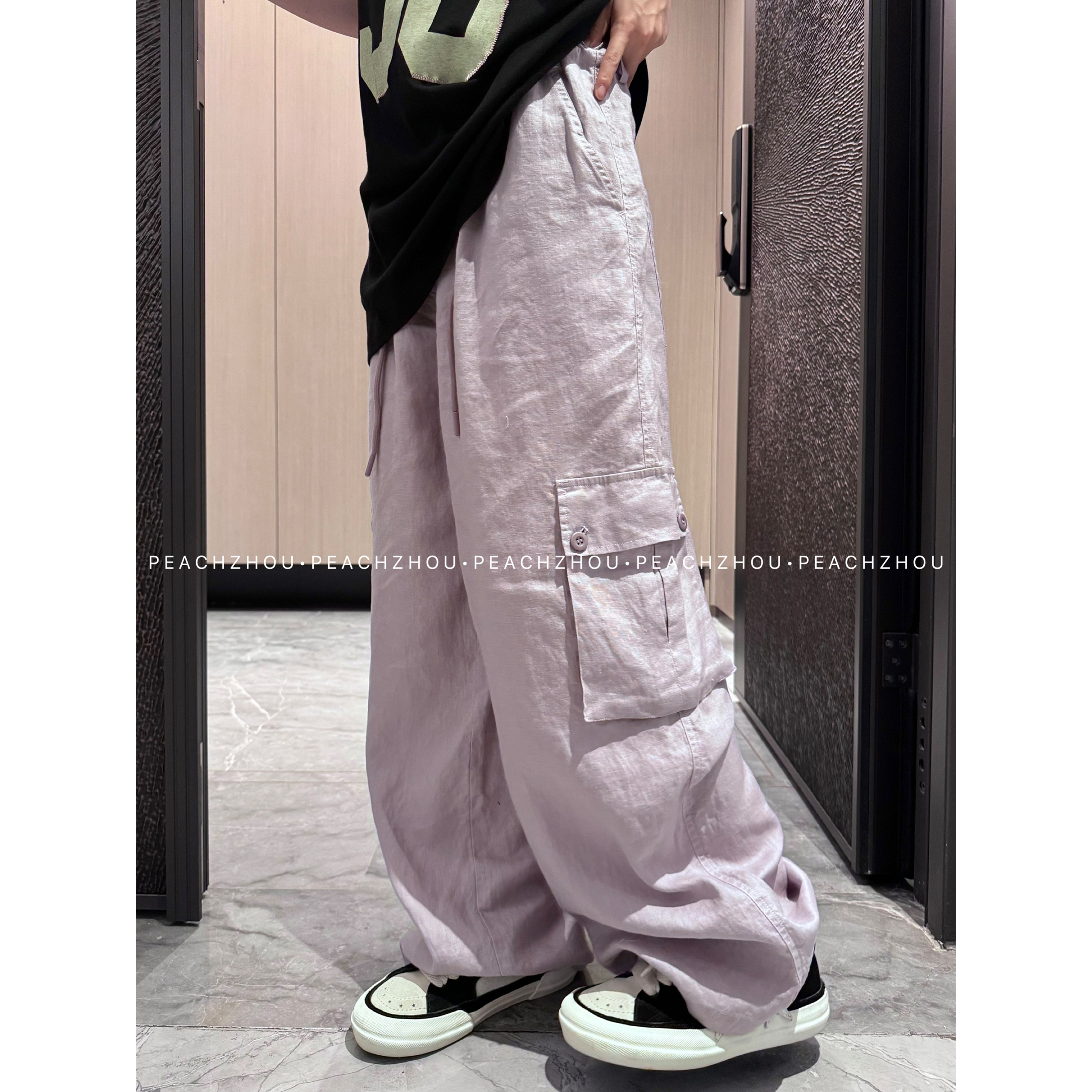 『PEACHZHOU』100亚麻工装风琴大口袋松紧腰调节扣宽松阔腿休闲长裤