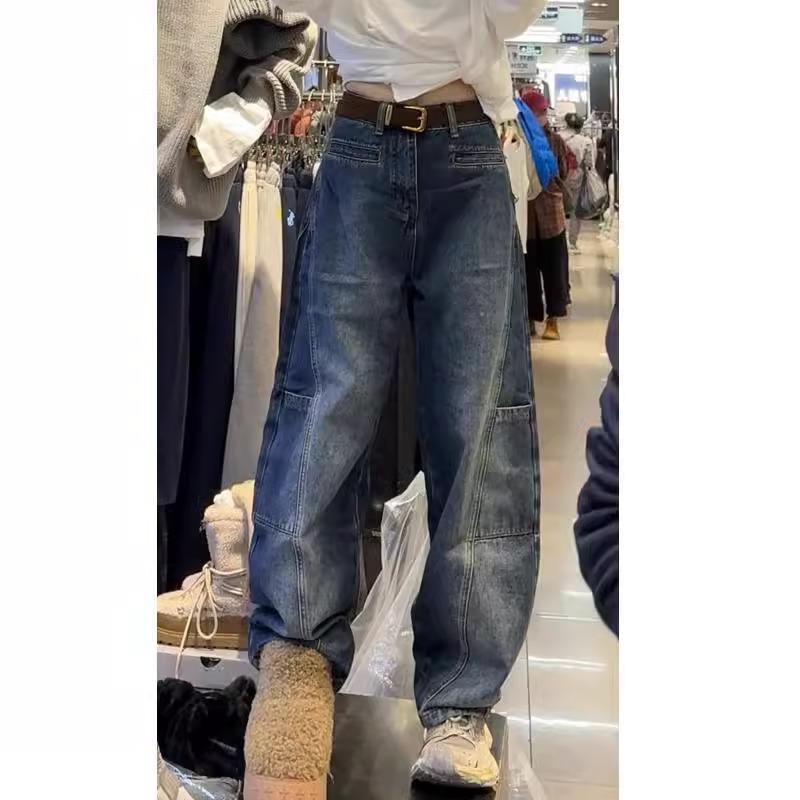 式工装牛仔裤女2025春季新款阔腿裤大尺码梨形身材宽松显瘦弯刀裤