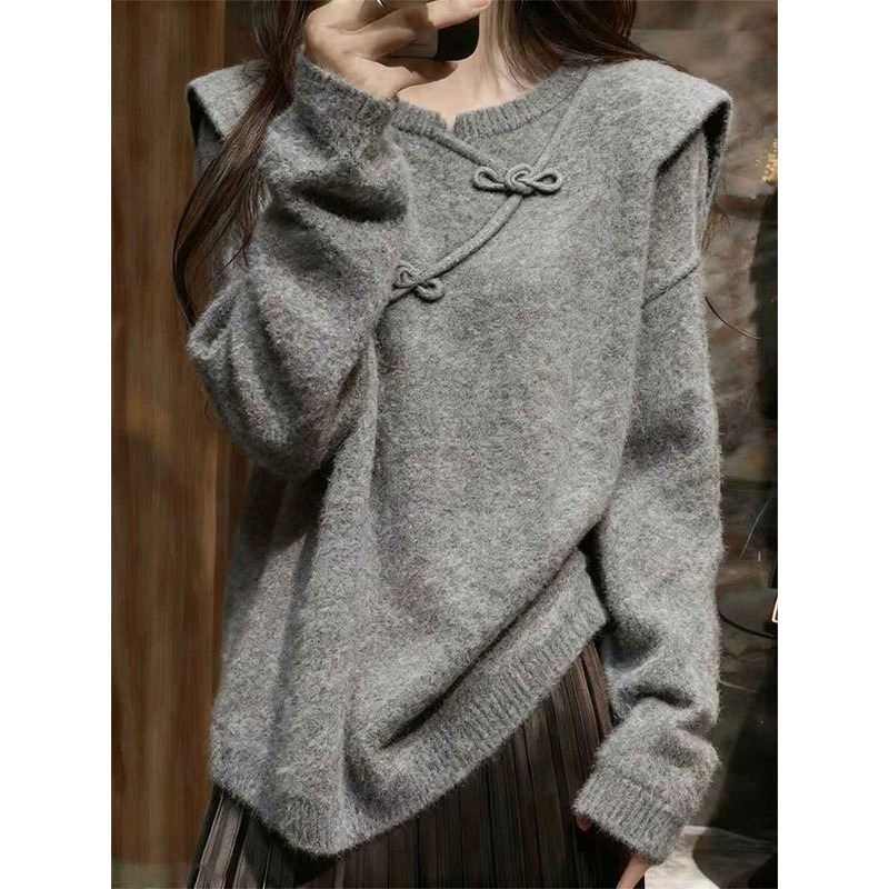2025冬季时尚新中式盘扣V领毛衣女灰色宽松针织衫高级感气质上衣