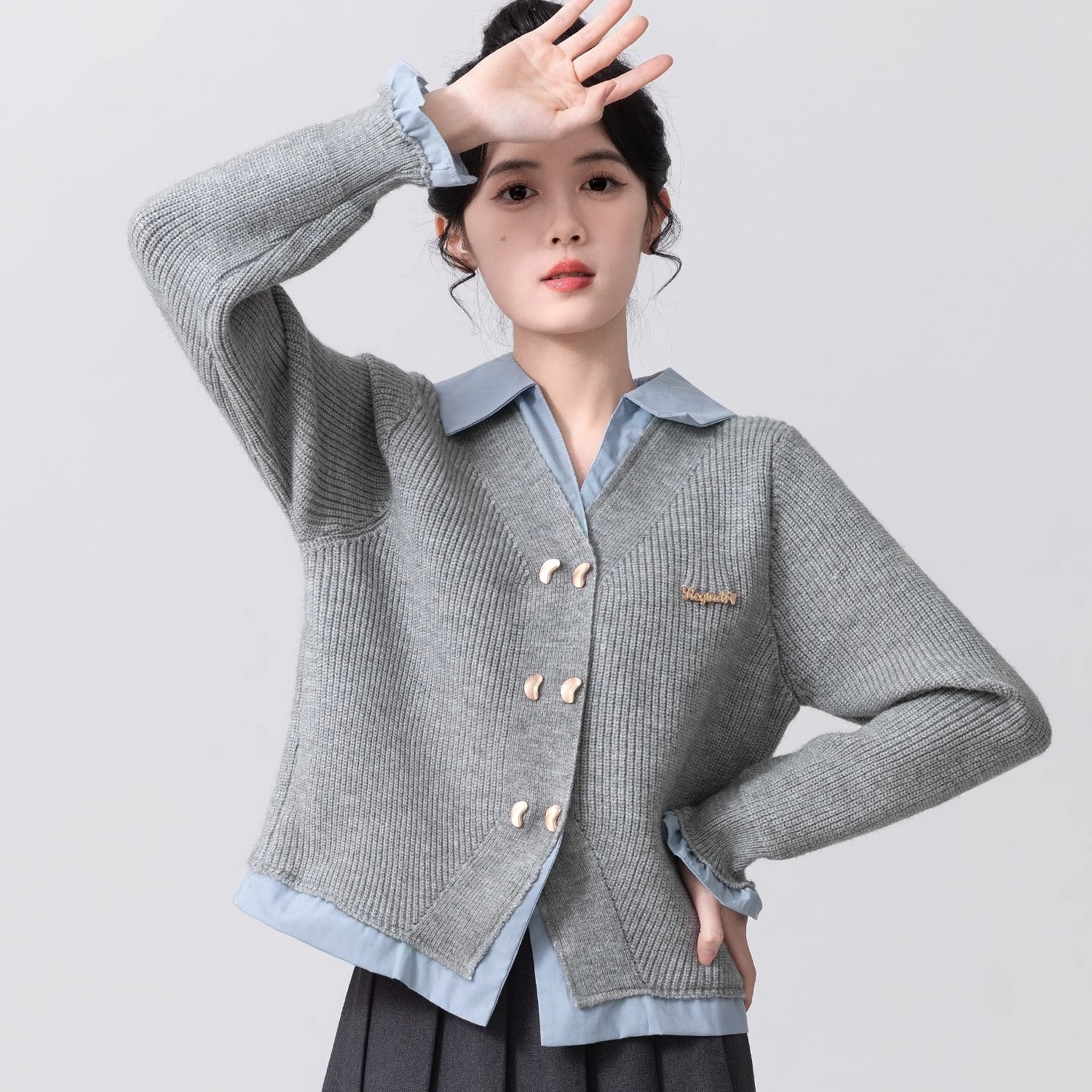 假两件POLO领毛衣女春秋2025新款学院风拼接针织开衫外套短款上衣