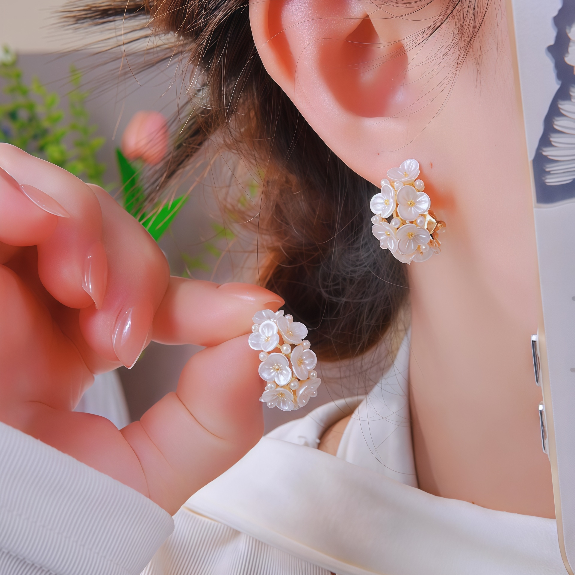 铜合金耳饰 925银针耳饰法式花朵珠珠C圈耳钉女小众气质百搭耳环